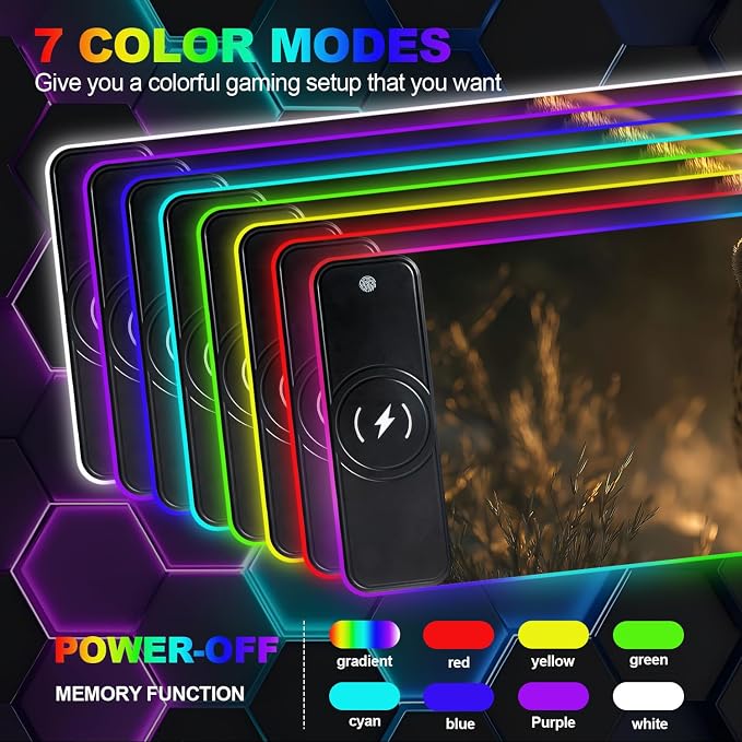 Wireless Charging RGB Gaming Mouse Pad, 31.5 x 11.8 Inch Extended Mouse Mat with Wild Leopard Design, LED Desk Pad with 7 Lighting Modes, Non-Slip Base for Gaming & Office - Image 3