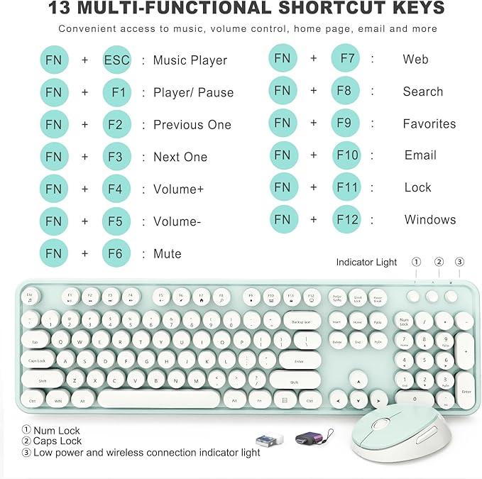 Wireless Keyboard and Mouse Combo, Ergonomic Full Size Typewriter Retro Round Keycaps Keyboard, Compatible with Windows, PC, Perfer for Home and Office Keyboards（Green） - Image 4