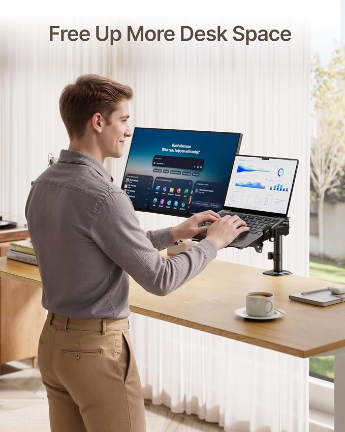 monTEK Monitor and Laptop Stand for 32" Screen and 17" Laptop | 2-in-1 desk mount holds 22 lbs, with height adjustment, tilt, swivel, clamp/grommet bases and VESA 75/100 - Image 8