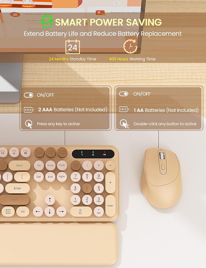 Wireless Keyboard and Mouse Combo, Cute Typewriter, Magnetic Wrist Rest | Full-Size, Round Keycaps, Smart Sleep Mode, 2.4GHz Stable Connection for Mac/Windows/PC, Office or Home, Trueque CK24 - Image 5