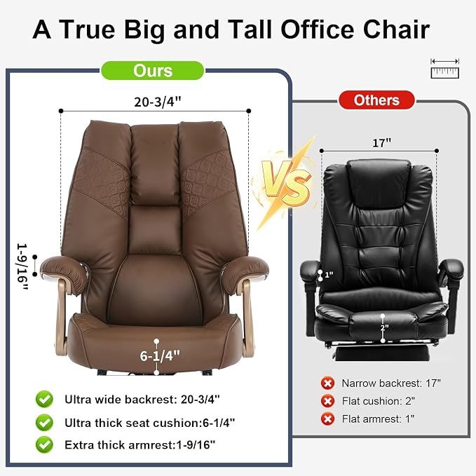 EXCEBET Big and Tall Executive Office Chair with Footrest, 400LBS Capacity Ergonomic High-Back Desk Office Chair with Lumbar Support, Padded Armrests & Thick Cushion, Brown PU Leather Chairs - Image 4
