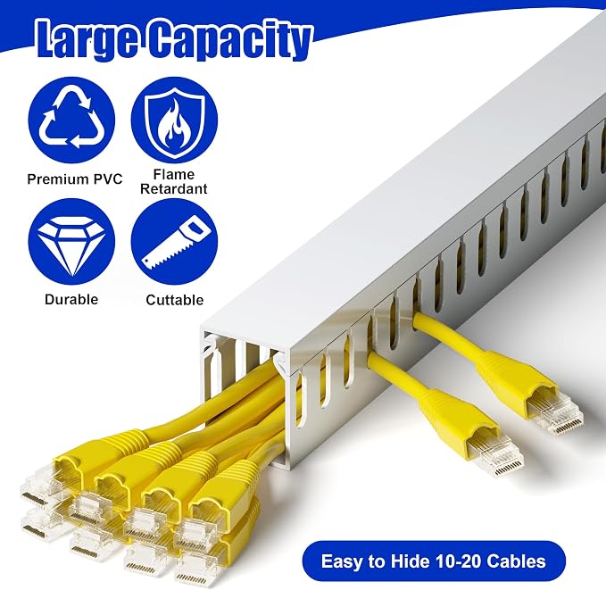 1.6"H x 1.2"W Cable Raceway, 99in Under Desk Wire Management Channel, White | Slotted Wire Duct, 6Pack, 16.5in Each, Heavy-Duty PVC Cable Management for Server Racks, Network Cables & Electrical Cabinets - Image 4