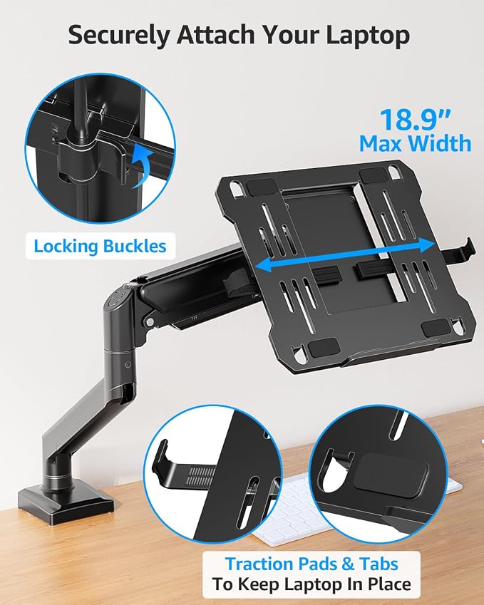 MOUNTUP Laptop Stand for Desk, 2-in-1 Monitor Mount with Laptop Tray Holds 2.2-22lbs, Adjustable Laptops Arm Mount for Max 17" Notebook & 32" Monitor, Laptops Desk Arm with Clamp/Grommet - Image 5