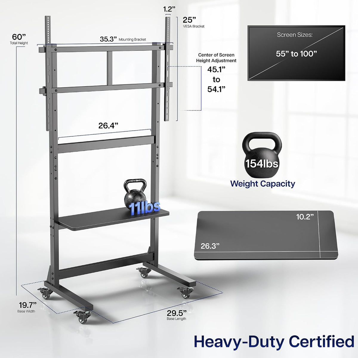 VIVO Heavy Duty 55 to 100 inch Mobile TV Cart, Holds up to 154 lbs, Tall TV Mount with Storage Shelf, Wheels, Black, STAND-TV100F-C - Image 4
