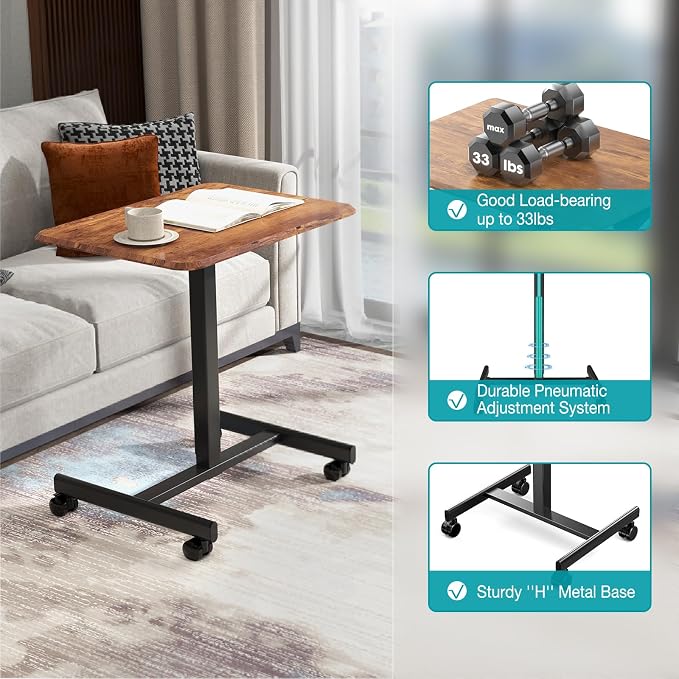DUMOS Mobile Small Standing Desk, Laptop Desk, Home Office | Portable Rolling Design, 2 Lockable Wheels, Adjustable Height Computer Workstation, 19 Inch, Brown - Image 5