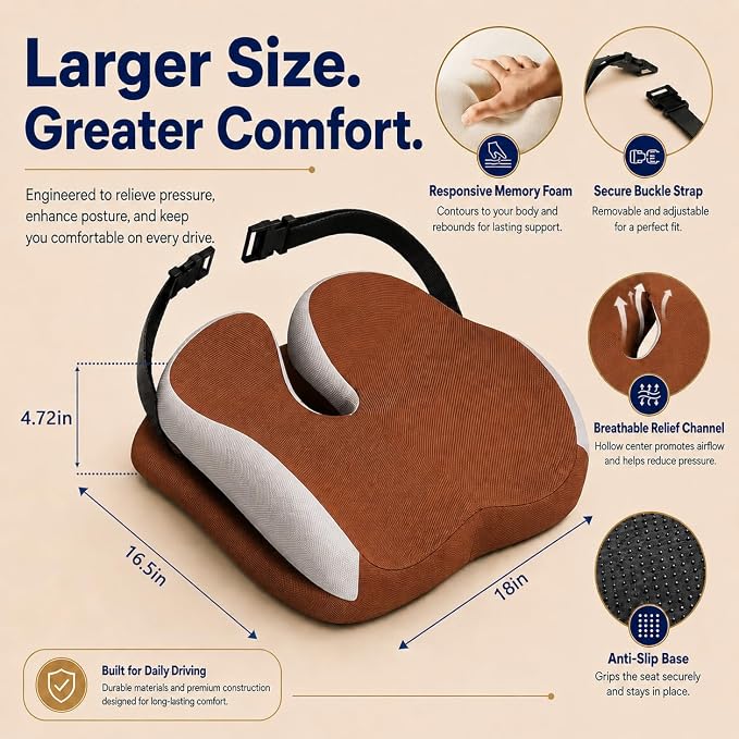 Memory Foam Ergonomic Seat Cushion for Office Chairs Pain Relief | Suitable for prolonged sitting, relieves tailbone pain, fits office chairs, wheelchairs, car seats and computer desk chairs - Image 3