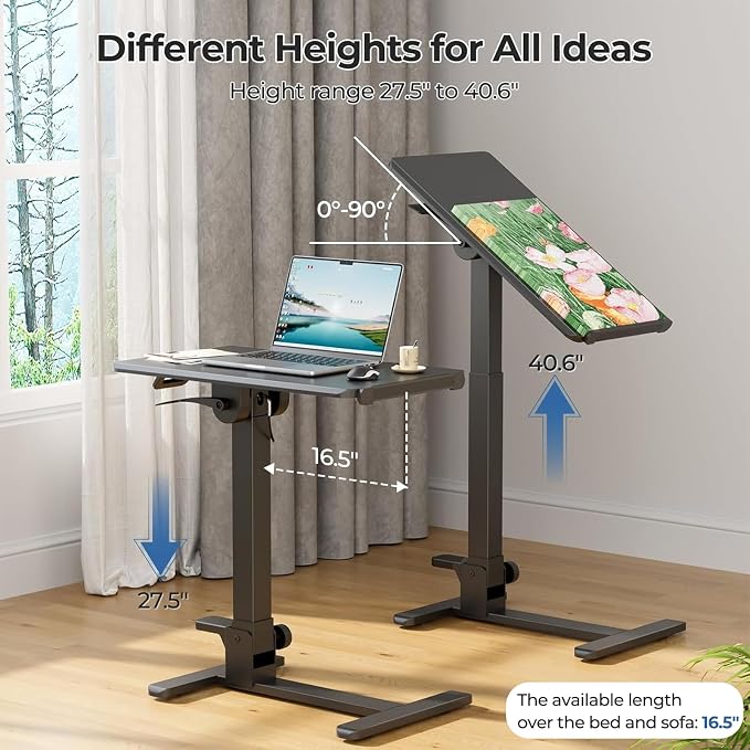27" Portable Mobile Standing Desk, No-Assembly Needed, Black | Rolling Laptop Cart with 90° Tiltable Desktop for Storage, Compact Computer Workstation for Small Space - Image 4