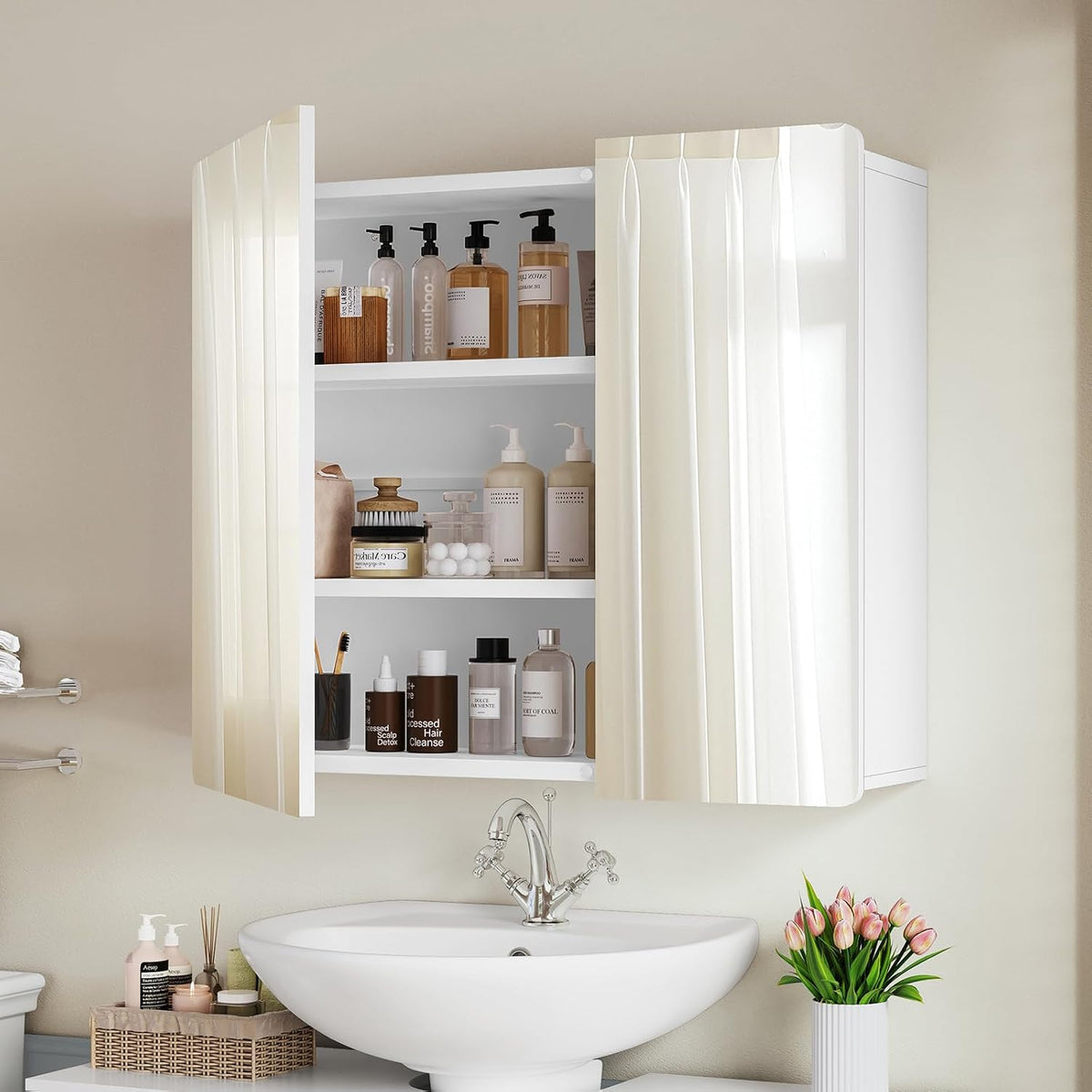 Medicine Cabinet Mirror with 2 Doors, Mount or Recessed Bathroom Wall Cabinet, Bathroom Mirror with Storage 3 Adjustable Shelves, White, 27.6 x 22.1 inch by TEENFON