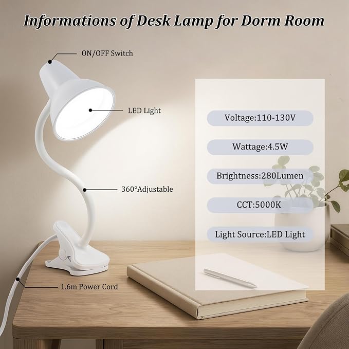 Clip On LED Desk Lamp, Flexible Arm, Eye-Caring Study Lamps for School Dorm | 4.5W Energy-Saving, Anti-tip Bedside Reading Light, Desk Lamps for College Dorm Room, Home Office, Modern Lamp with 1.6m Cord - Image 3