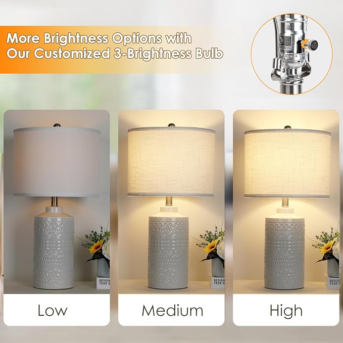 JUNNAI 24.5" White Ceramic Table Lamp 3-Way Dimmable Nightstand with White Linen Shade Bedside Lamp for Bedrooms & Living Room Office Reading(Bulb Included) - Image 3