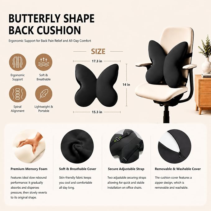 Back Support for Office Chair,Lumbar Support Pillow for Office Chair,Back Pillow for Chair,Memory Foam Back Cushion for Car Seat,Computer Chair Cushion,Removable& Washable Cover (Enhanced Black) - Image 6
