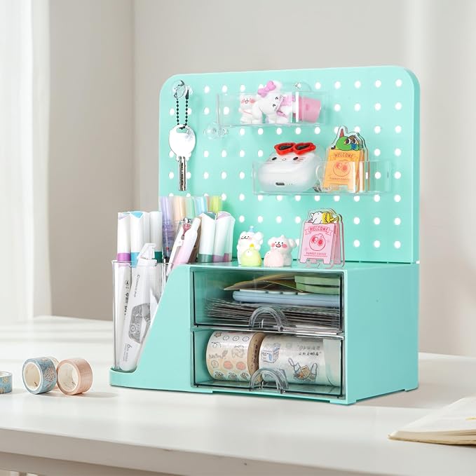 Comix Desk Organizer with 2 Drawer, Green 360° Rotating Pen Holder for Desk | Desk Organizers and Accessories with 5 Slots Pencil Holder+Pegboard+Drawer, Pen Organizer for Home School Art Office Supplies - Image 5