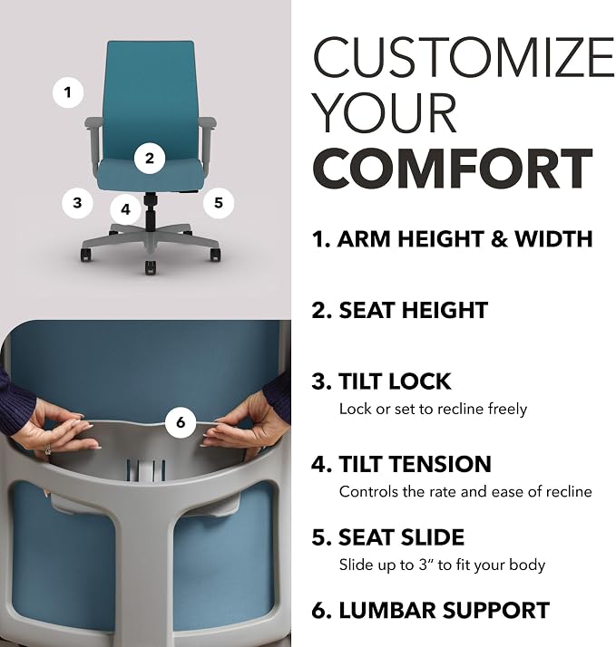 HON Ignition 2.0 Ergonomic Office Chair, Lumbar Support, Desk Chair, Sky | Ergonomic office desk chair with lumbar support, adjustable arms, office decor, workstation comfort for focused productivity - Image 3