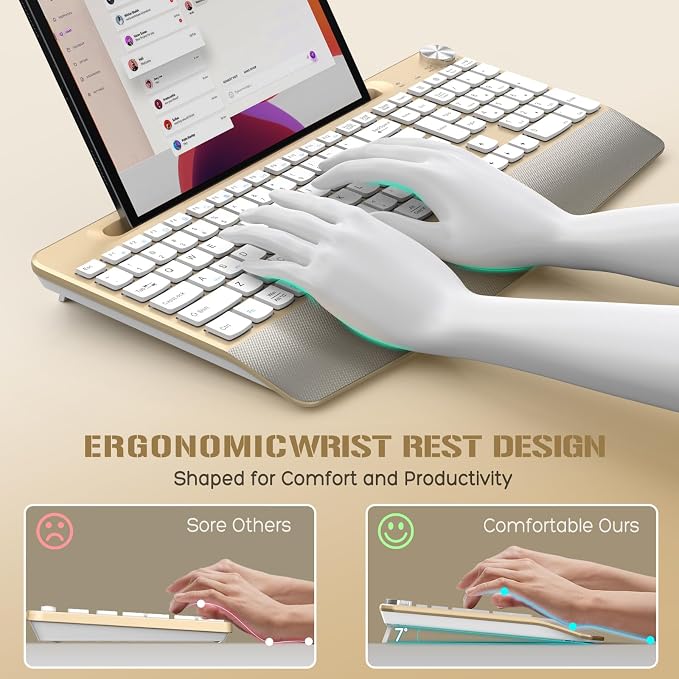 GAMCATZ Ergonomic Wireless Keyboard with Wrist Rest-Low-Profile,Phone/Tablet Holder,Quiet Design，Windows & Mac OS,Cordless USB Computer Keyboard for Desktop,Laptop, PC, Mac, Windows-Gold White - Image 2