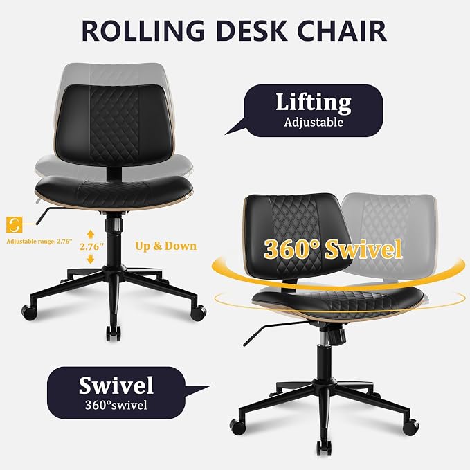 Modern Armless Office Chair with Wheels, Wide Seat Walnut, Black | Adjustable Swivel Desk Chair with Mid Back & Tilt Function, Faux PU Leather Mid Century Modern Task Office Chair, 300LBS Cap - Image 5