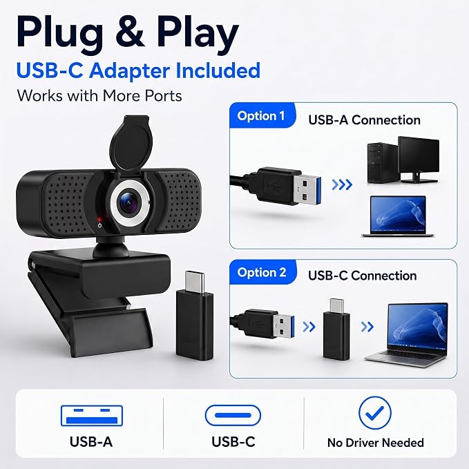 4K UHD Webcam with PDAF Autofocus, Dual Mics, USB-C Adapter, Privacy Cover | 87° view, auto white balance, low-light correction, 360° rotation, 35° tilt, 1.5 m USB-A cable and mini tripod - Image 5