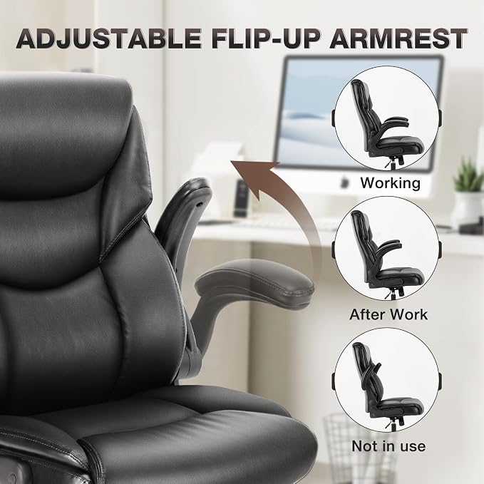 OLIXIS PU Leather Desk Chair, Ergonomic Office Chair, Flip-up Armrest | High Back, Swivel Rolling Wheels, Heavy Duty, 275lbs,Comfortable,Executive, Black - Image 4