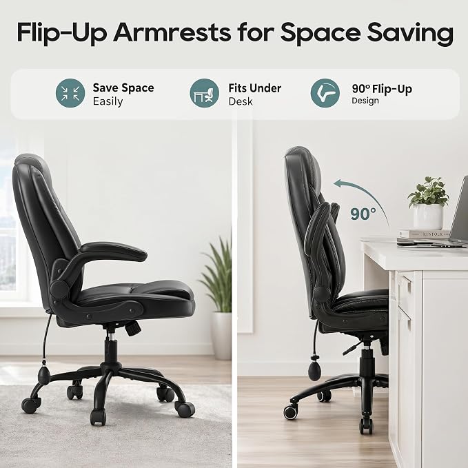 MALOL Leather Office Chair with Adjustable Lumbar Support Set of 2, Black | Computer Desk Chair with Thick Cushion, Flip-Up Arms and Ergonomic Back, Comfy Executive Office Chair for Home Office Gaming - Image 8