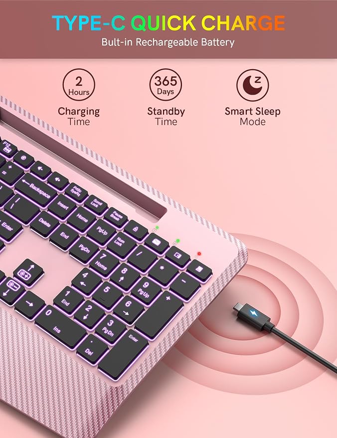 Wireless Keyboard, 7 Colored Backlits, Wrist Rest, Phone Holder-Rose gold | Rechargeable Ergonomic Computer Keyboard with Silent Keys, Full Size Lighted Keyboard for Windows, Mac, PC, Laptop - Image 4