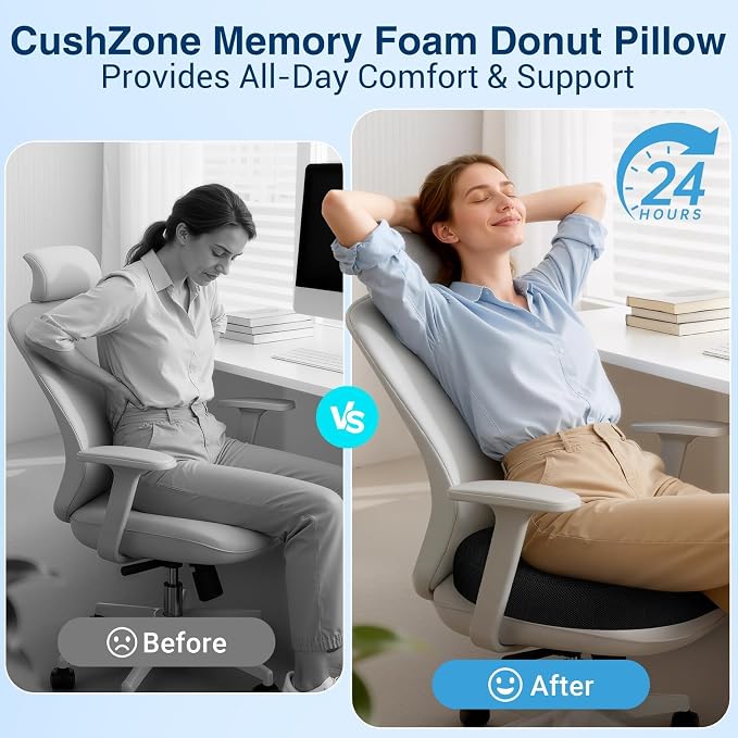 Donut Seat Cushion, Hemorrhoid Pillow, Office Chair Cushion, Black, Large | Ergonomic Design, Breathable Cover, for Tailbone Pain, Hemorrhoids & Long Sitting Hours, for Home & Office, - Image 3