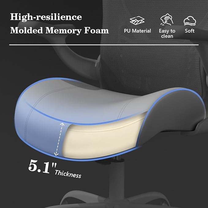 GYI Ergonomic Office Chair with Memory Foam Cushion, Computer Desk Chair | 4.7" Thickened Seat , 3D Flip-up Arms, Adjustable Lumbar Support, 350 lbs Capacity, Grey - Image 3