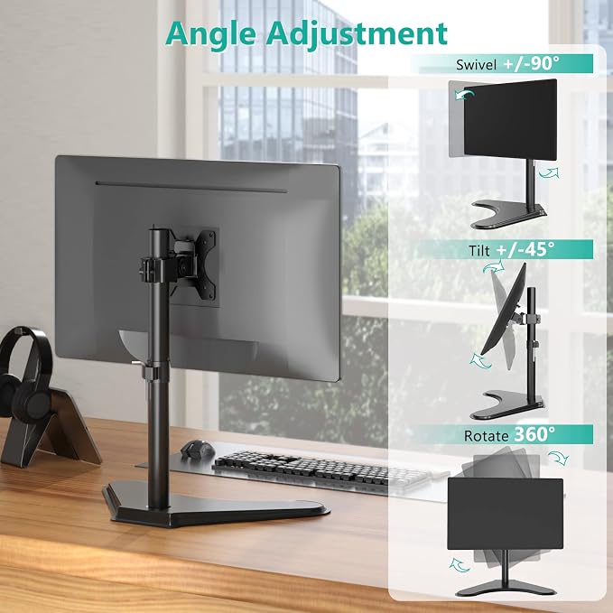 WALI Freestanding Vesa Monitor Stand for 13-32 inch Screens, up to 22 lbs | Single Monitor Stand for Desk, Full Motion with Height Adjustment, Tilt, Swivel, Rotation, VESA 75/100mm (MF001), Black - Image 4