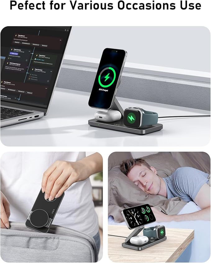 VBA 3 in 1 Wireless Charging Station for Apple MagSafe Charger,Foldable Fast Charging Magnetic Wireless Charger Stand,Travel Charger for iPhone 17 Air 16 15 14 13 12,Apple Watch,AirPods (Black) - Image 2