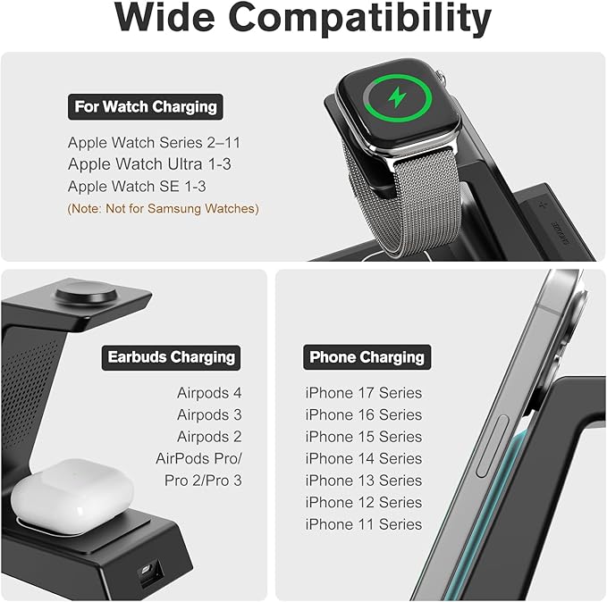 ANJANK 4 in 1 Wireless Charging Station Alarm Clock, Charging Dock for Apple Devices, Charger Stand for iPhone 17 Air 16 15 14 13 12 Series for Apple Watch 11 10 9 8 7 6 5 UItra/SE & AirPods, Dimmable - Image 4
