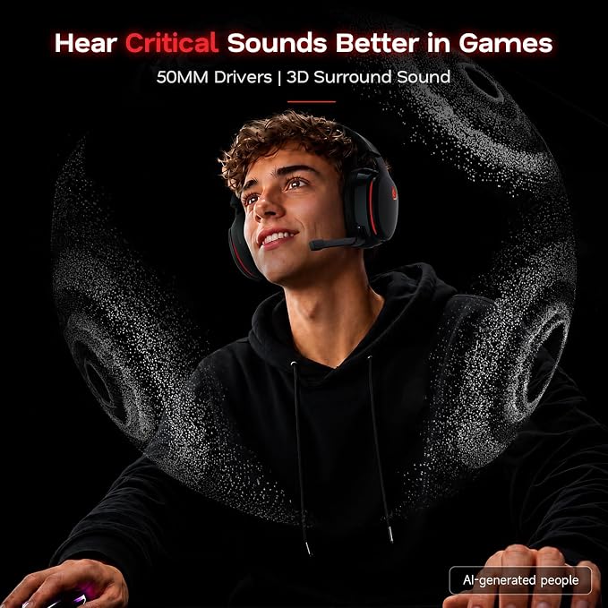 AOC 2.4GHz Wireless Gaming Headset for PS5, PS4, PC, Switch, 45Hr, BlackRed | Bluetooth 6.0 Gaming Headphones with Noise Canceling Mic, 7.1 Virtual Surround, Great for Fortnite & Call of Duty/FPS Gamers - Image 3