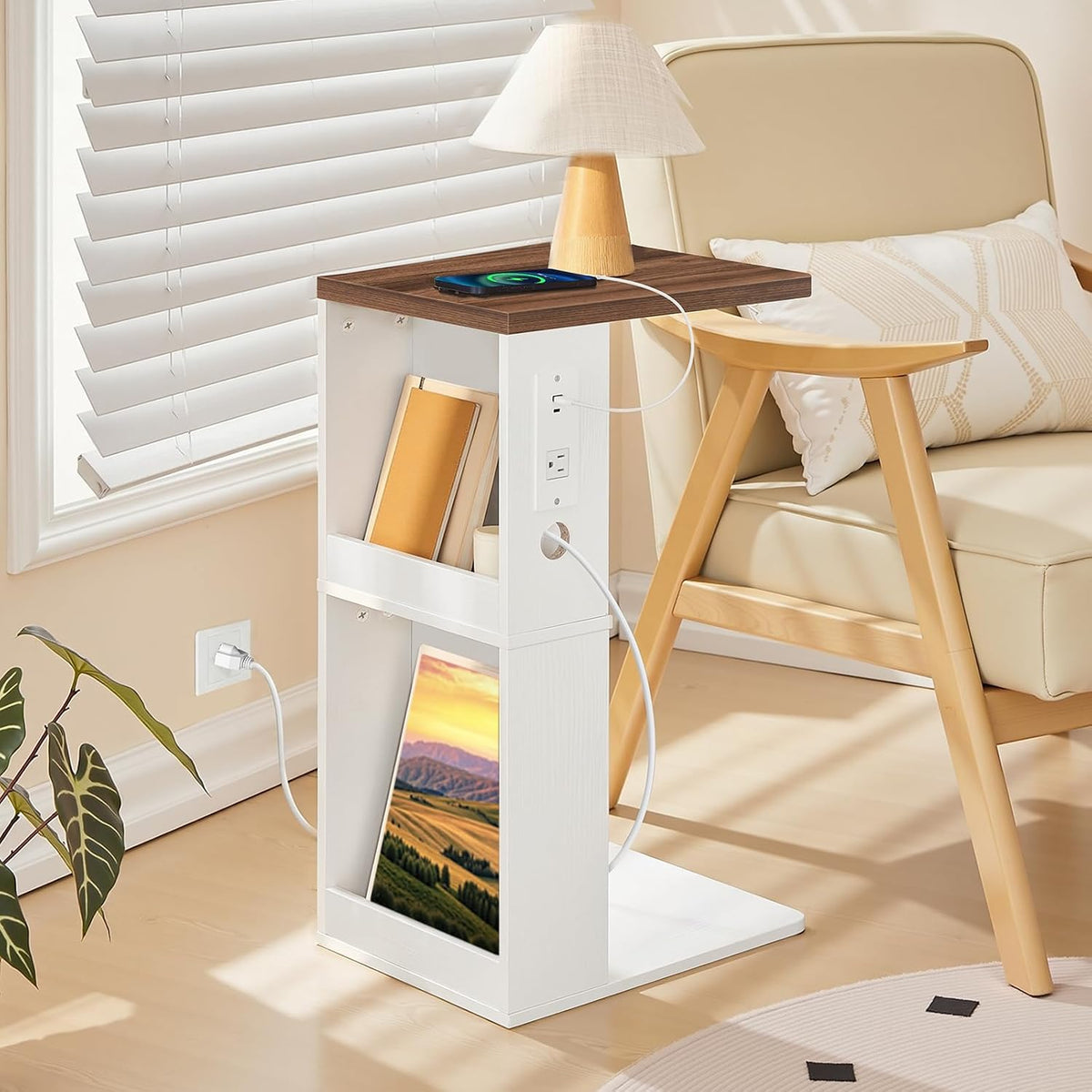 C Shaped End Table with Charging Station, Slide Under Couch Table by YATINEY