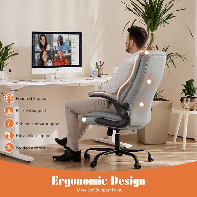 OLIXIS PU Leather Desk Chair, Ergonomic Office Chair, Flip-up Armrest | High Back, Swivel Rolling Wheels, Heavy Duty, 275lbs,Comfortable,Executive, Grey - Image 5
