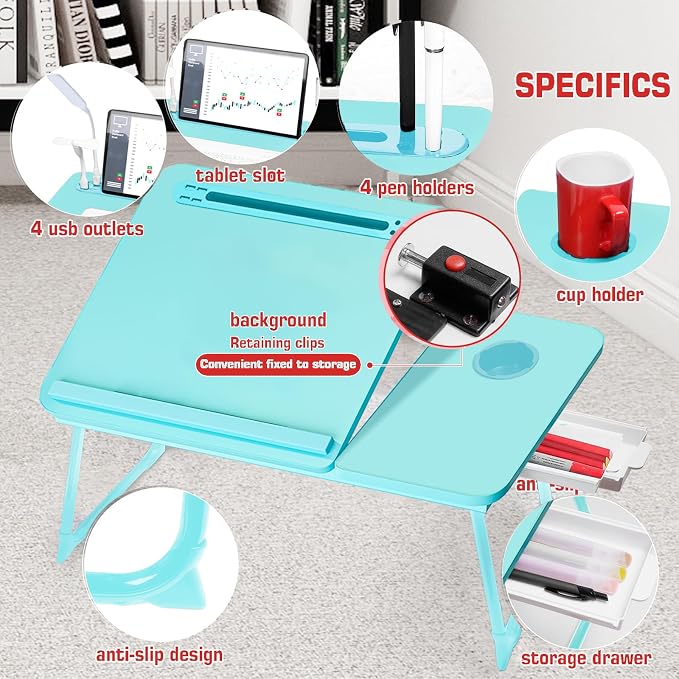 CloudTrip Plus XL Adjustable Laptop Desk with Light, USB Port, iPad Holder, Drawer Storage - Larger 23.6IN Adjustable Lap Desk for Bed, Home Office, Breakfast Tray, Fordable Legs Desk (Light Blue) - Image 2