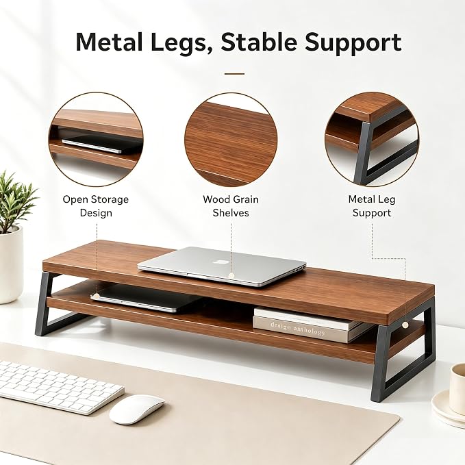 Monitor Stand - 2 Tier Computer Monitor Riser Shelf, Wood Desktop Stand for Laptop Computer Screen, Desk Organization, Office Supplies - Image 4