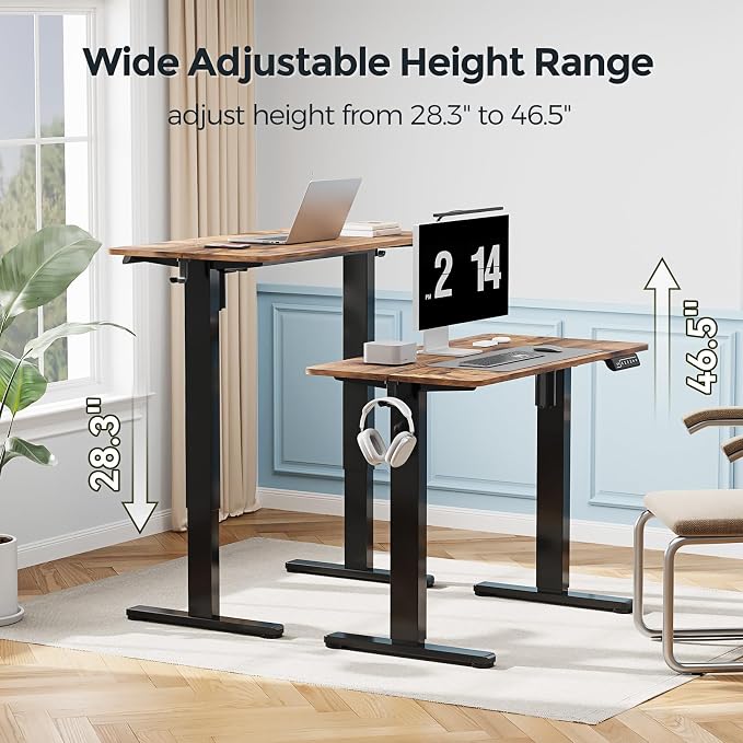 Small Electric Standing Desk, 35" Sit Stand Rising Desk | Height Adjustable Desk with 2 Hooks for Home Office, Compact Computer Workstation with Splice Board, Rustic Brown - Image 3