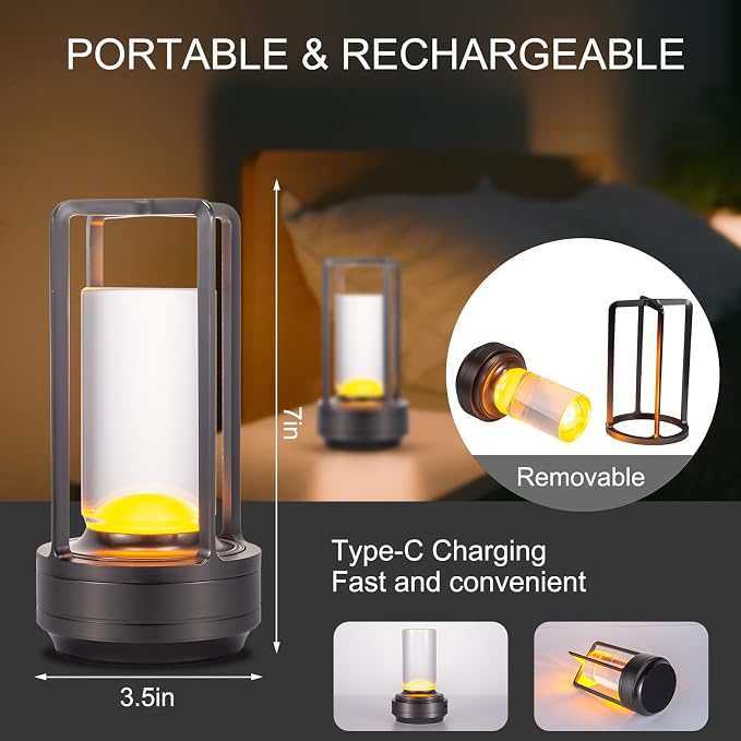 Rechargeable Cordless Small Metal Table Lamp, Stepless Dimming, 3-Color | Grey，2600mAh Battery, Portable LED Desk Light, Cute, Suitable for Indoor/Outdoor/Restaurant/Bedroom/Bar/Coffee/Camping - Image 5