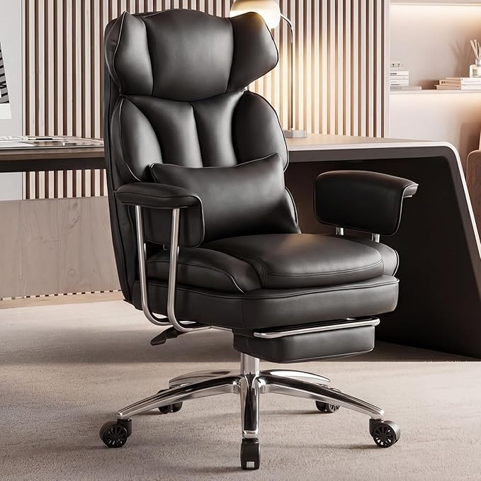DUMOS Ergonomic Home Office Desk Chair, Executive Chair, PU Leather | Big Tall High Back, Lumbar Support, Reclining Height Adjustable, Computer Gaming, Footrest Swivel Wheels, Black by DumosLifestyle