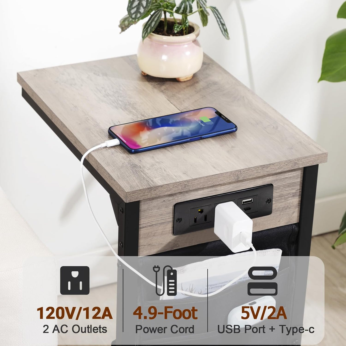 AMHANCIBLE C Shaped End Table with Charging Station, TV Tray - Image 5