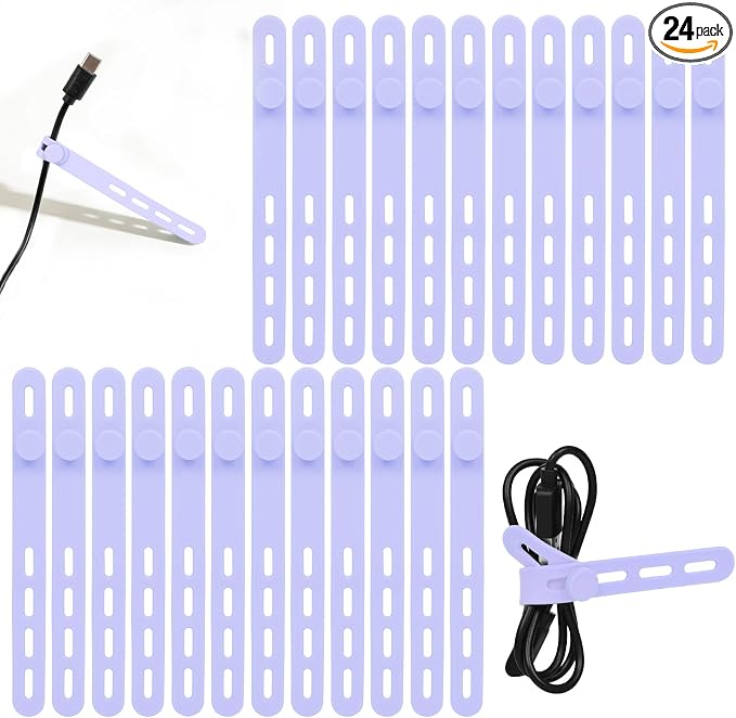 Donruby 24Pcs Silicone Cable Ties, Reusable Cord Organizer Straps, Purple | Adjustable, Multipurpose, 5.12" High-Elasticity Cord Wraps for Bundling Electronics, Home Office Travel Essentials by Donruby