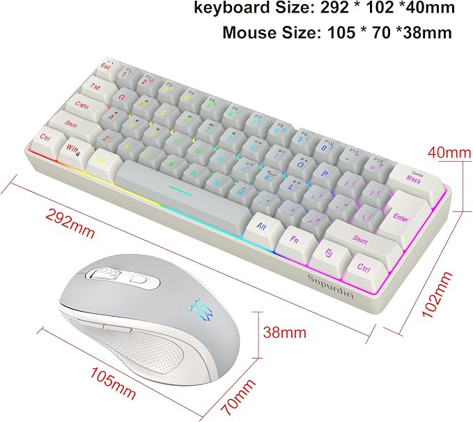 Snpurdiri 2.4G 60% Wireless Gaming Keyboard and Mouse Combo (White-Grey) | Include Mini Wireless Gaming Keyboard, Ergonomic Vertical Feel Small Wireless Mouse - Image 6