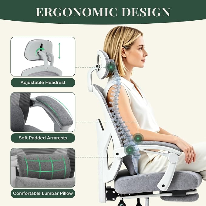 Ergonomic Office Chair with Footrest, Computer Gaming Chair | Adjustable Headrest, Lumbar Support, Swivel Reclining, Padded Armrest, Mesh High Back, Home Desk Work Study, Grey - Image 4