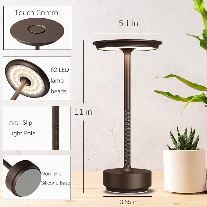 1 Pack Cordless Table Lamps Rechargeable, 5000mAh LED Table Light | Portable 3 Color Stepless Dimming Battery Powered Table Lamp with Memory Function for Restaurant/Home/Outdoor.(Brown) - Image 7
