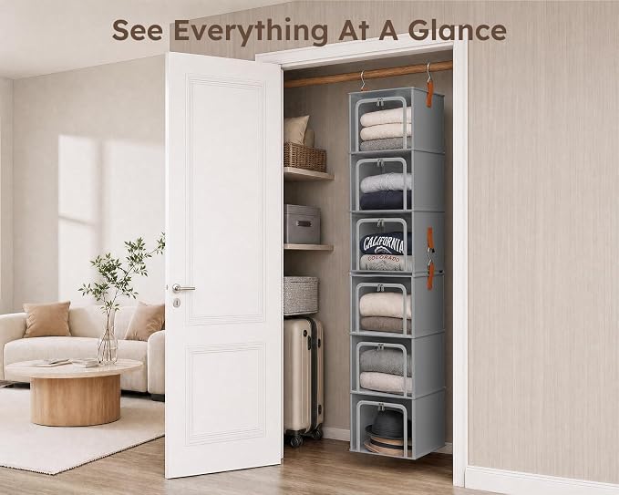 Homsorout 6-Tier Modular Hanging Closet Organizer Shelves, Grey | 3+3 Modular Design, Clear PVC Window, Front Opening, Oxford Fabric, Vertical Storage for Closet, Home, Nursery, Dorm - Image 8