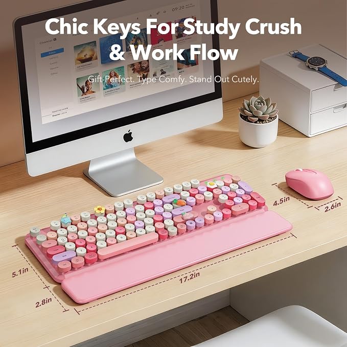 Wireless Keyboard and Mouse Combo, Cute Retro Typewriter Keyboard with Round Keycaps and Magnetic Wrist Rest, Full-Size 2.4GHz Cordless for Mac, Windows PC, Laptop, SABLUTE CK23, Pink Multi-Color | Full-Size Typewriter-Style Keyboard, Tilt Legs, 2.4GHz... - Image 8