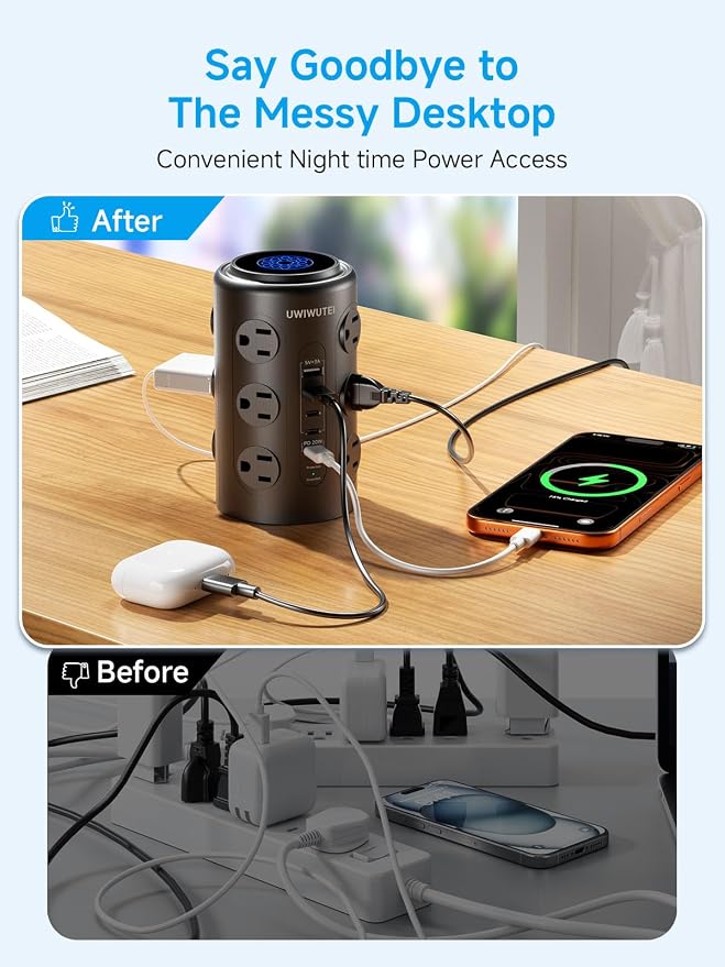 Tower Power Strip with 1 Dedicated PD 20W Fast-Charging Port, 12 Outlets, 5 USB Ports (3 USB-C), Desk Charging Station for Multiple Devices,15FT Extension Cord (Black) - Image 4