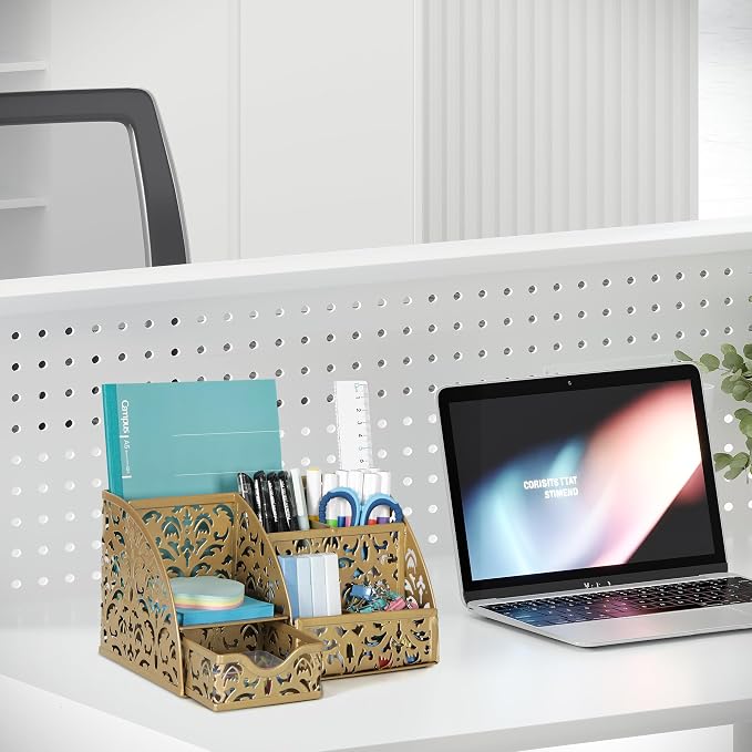 EasyPAG Desk Organizer and Pen Holder for Desk, Mesh Office Supplies Storage Caddy with Drawer for Small Space, Desktop Organizer for Home Office, Gold - Image 5