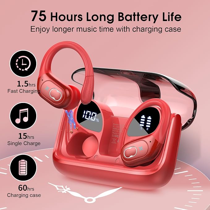 Wireless Earbuds 75H Bluetooth 5.4 Sport Headphones with Earhooks, Red | IPX7 Waterproof In-ear Buds Feature ENC Noise Cancelling Mic & Deep Bass. Stereo Sound Device for Gym Running Workout - Image 2