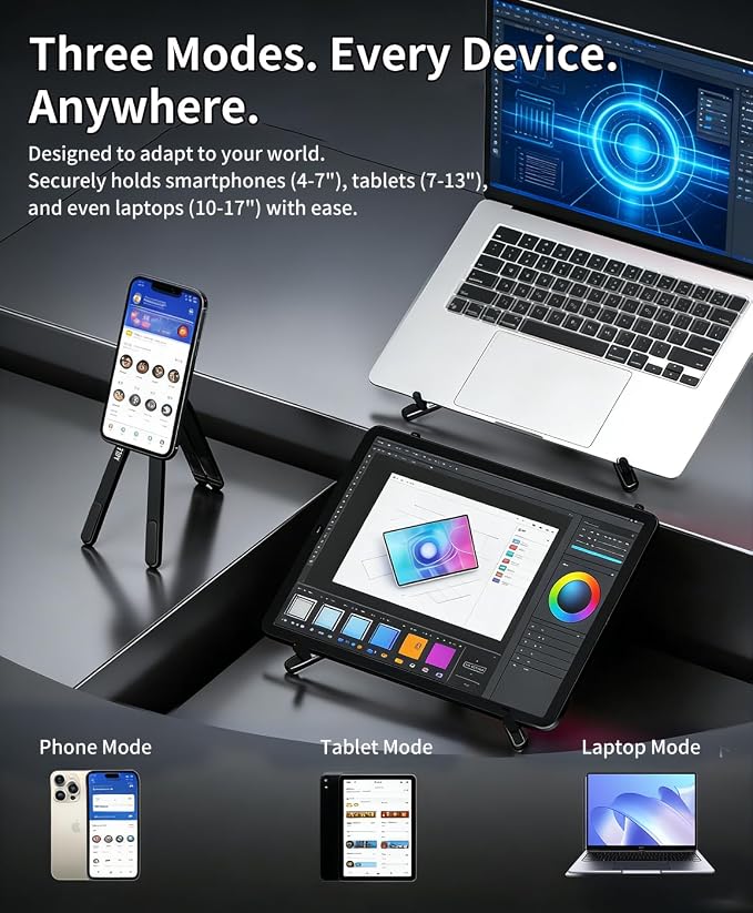 miley Laptop Stand for Desk, 8-Level Adjustable, Magnetic Phone Mount Black | For 13–17 in laptops. Aluminum build, anti-slip support and fold-flat portability. Includes a magnetic ring and carry bag. - Image 2