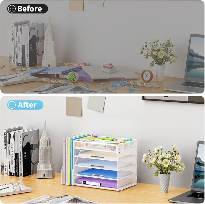 Marbrasse 5-Tier Desk Organizer with File Holder,Paper Letter Tray Organizer,Desktop File Organizer with Adjustable Compartments,Mesh Desk Organizers and Accessories for Office Supplies,White - Image 5