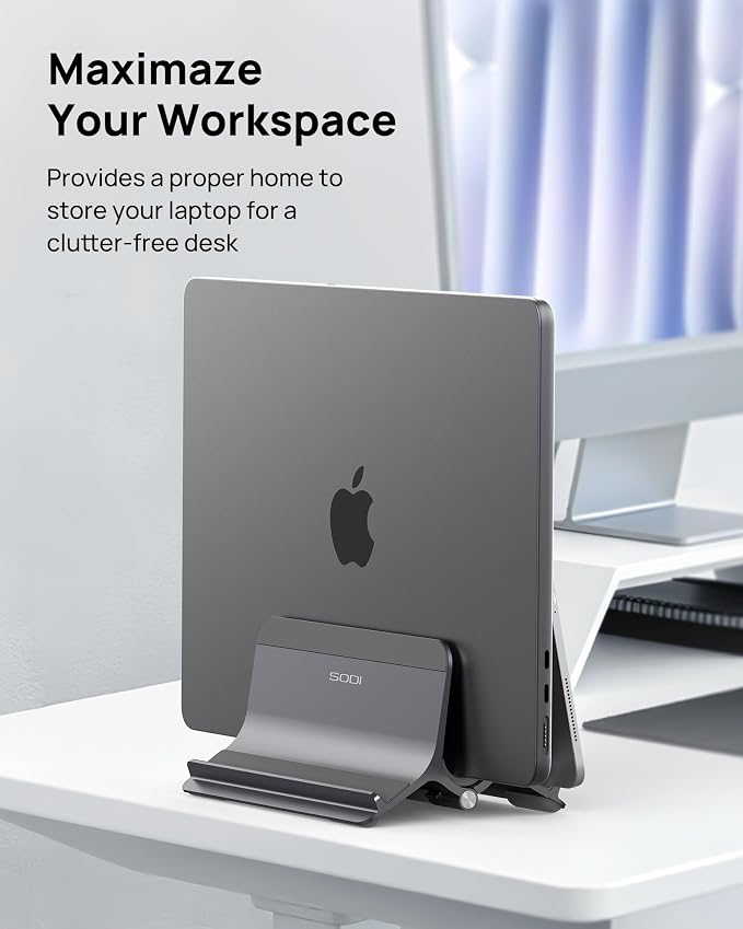 Vertical Laptop Stand for Desk, Aluminum Laptop Holder Compatible with MacBook Pro, MacBook Air Stand Up to 17 inch, Gravity Auto-Lock Cooling, 3in1 Space Saving Desk Organizer Accessories, Gray - Image 2