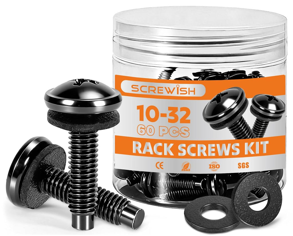 10-32 Rack Screws with Nylon Washers, 60 Pack, Black by Screwish